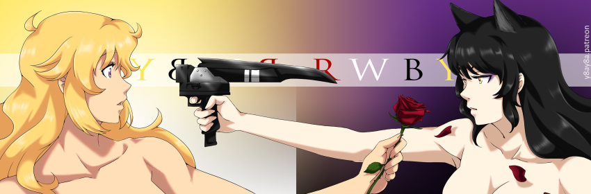 2girls ahoge animal_ears black_hair blake_belladonna blonde_hair breasts cleavage collarbone copyright_name english_commentary flower gambol_shroud gradient_background gun highres holding large_breasts long_hair lycoris_recoil multiple_girls nude parted_lips petals purple_eyes red_flower red_rose rose rwby weapon yang_xiao_long yaya_(y8ay8a) yellow_eyes