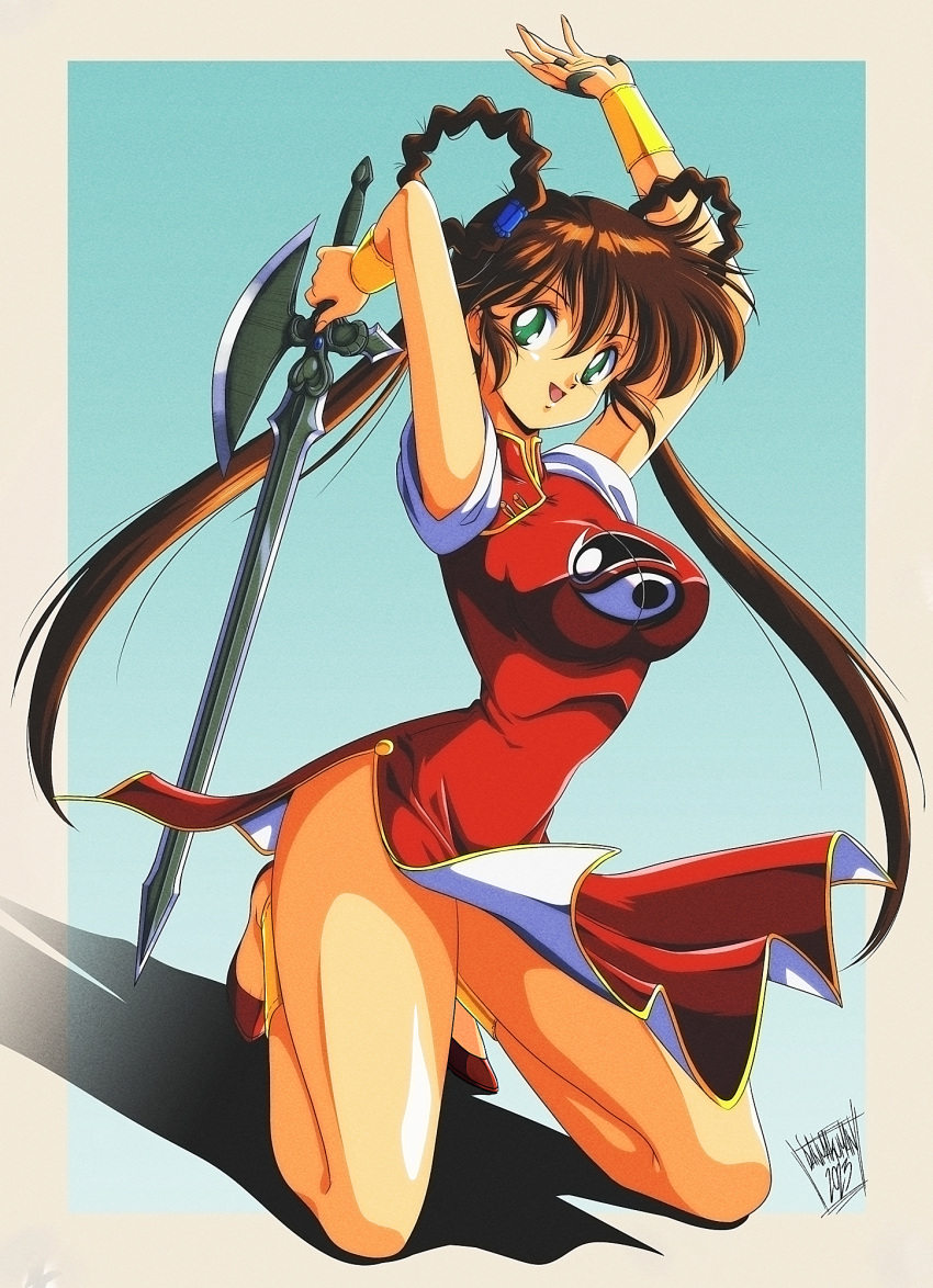 1990s_(style) 1girl bracelet breasts brown_hair china_dress chinese_clothes danmakuman dress green_eyes highres holding holding_sword holding_weapon jewelry large_breasts long_hair mamono_hunter_youko mano_youko pelvic_curtain red_dress red_footwear retro_artstyle shoes solo sword twintails weapon yin_yang