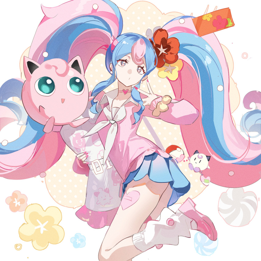 1girl absurdres blue_hair blue_skirt charm_(object) earrings ershuihe fairy_miku_(project_voltage) flower hair_flower hair_ornament hatsune_miku highres holding jewelry jigglypuff leg_warmers long_hair long_sleeves multicolored_hair nail_polish neckerchief pink_footwear pink_hair pink_nails pokemon pokemon_(creature) project_voltage red_flower scrunchie shoes sidelocks skirt twintails v very_long_hair vocaloid white_flower white_neckerchief wrist_scrunchie