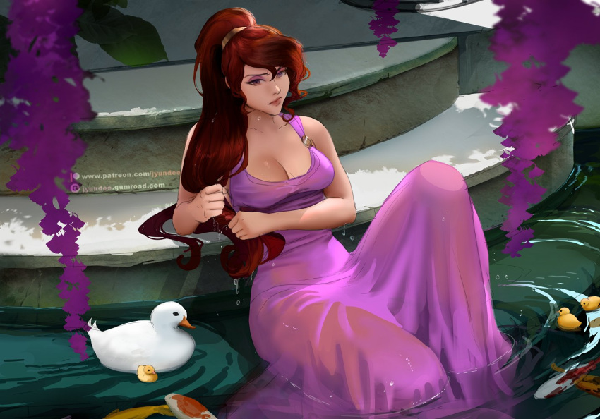 1girl bare_shoulders bird breasts brown_hair dress duck duckling eyeshadow greek_clothes hercules_(1997_film) high_ponytail jyundee large_breasts long_hair looking_at_viewer makeup megara_(disney) purple_dress purple_eyes purple_eyeshadow see-through see-through_dress sitting water wet wet_clothes wet_dress