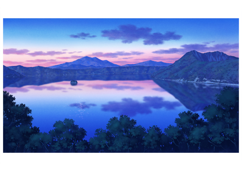 cloud gradient_sky hariken highres horizon lake letterboxed mountainous_horizon nature no_humans original purple_sky reflection reflective_water scenery sky still_life sunset tree