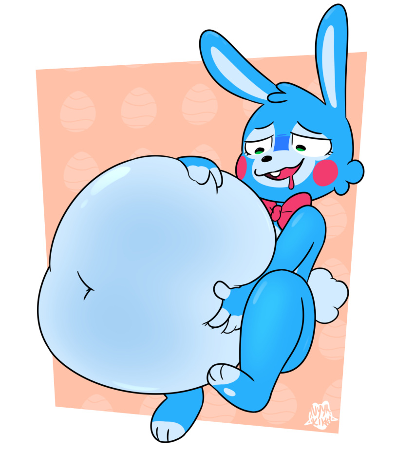 anthro belly big_belly blue_body blue_fur blue_hair bodily_fluids bow_tie buckteeth cheek_markings cheek_tuft deep_navel drooling eyelashes facial_markings facial_tuft five_nights_at_freddy's five_nights_at_freddy's_2 fluffy fluffy_tail foamytail fur glistening glistening_belly green_eyes hair head_markings hi_res holding_belly inflation lagomorph leporid male mammal markings navel overweight overweight_male pawpads rabbit red_body red_fur saliva scottgames short_hair simple_background solo tail teeth toy_bonnie_(fnaf) tuft