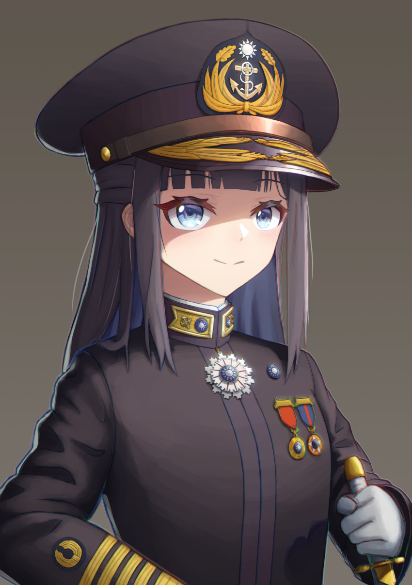 1girl absurdres black_hair blue_eyes hearts_of_iron high_collar highres holding holding_sword holding_weapon huihuang_rongyao kaiserreich kuomintang light_smile medal military_uniform naval_uniform portrait sword uniform wang_jingwei weapon world_war_ii