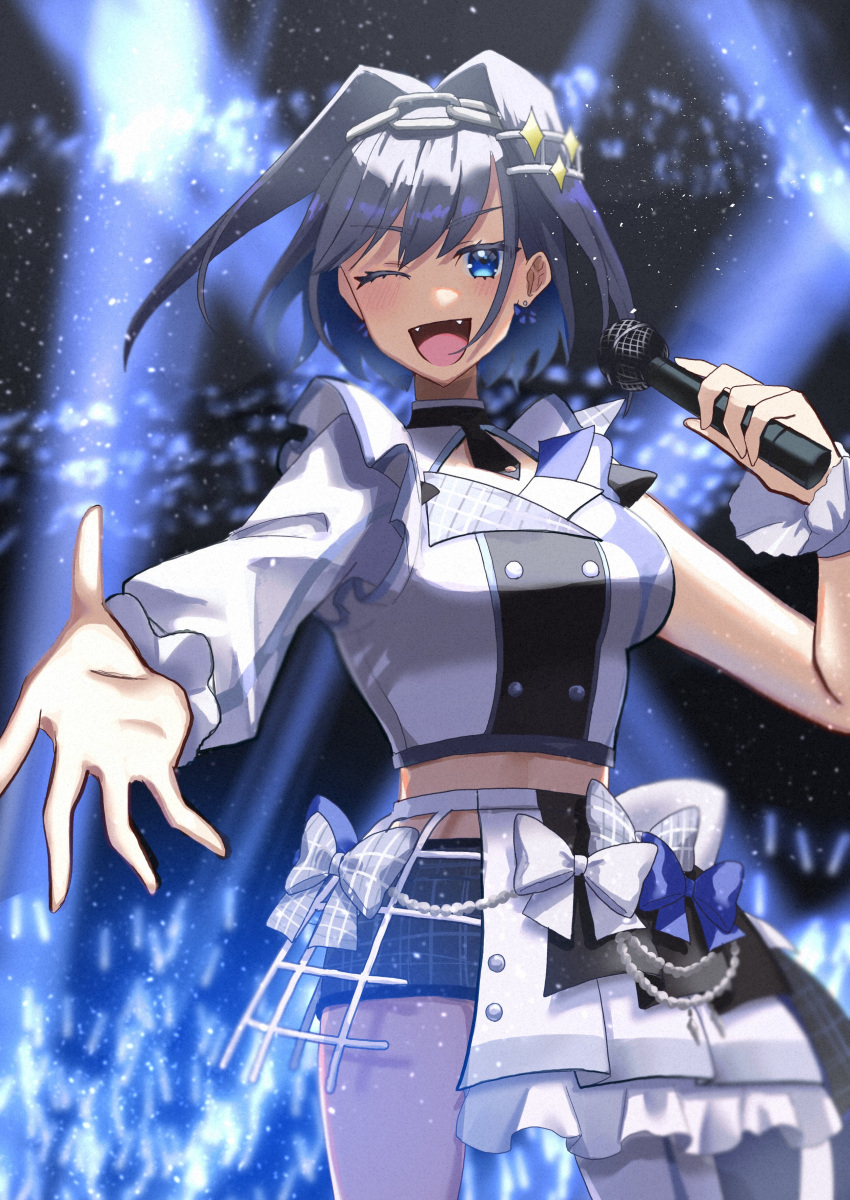 1girl ;d absurdres black_shorts blue_eyes blue_hair blush breasts buttons chain_headband colored_inner_hair crop_top double-breasted fangs frilled_skirt frills half-skirt headband highres holding holding_microphone hololive hololive_english hololive_idol_uniform_(bright) idol_clothes large_breasts looking_at_viewer microphone mizuhasi multicolored_hair one_eye_closed open_mouth ouro_kronii shirt short_hair shorts skirt smile solo virtual_youtuber white_shirt white_skirt