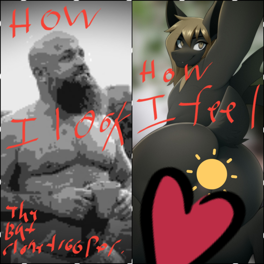 &lt;3 absurd_res bald bat bat_ears bat_wings beard beer_belly biobatz black_and_white black_body black_fur brown_eyes brown_hair butt censored colored container cup facial_hair fur hair hi_res holding_container holding_cup holding_object human humanoid looking_at_viewer looking_back male male/male mammal marblesoda membrane_(anatomy) membranous_wings meme monochrome nipples pixelated shaded short_tail simple_background simple_shading small_wings spread_wings sun tail thebatclonetrooper white_body white_skin wings