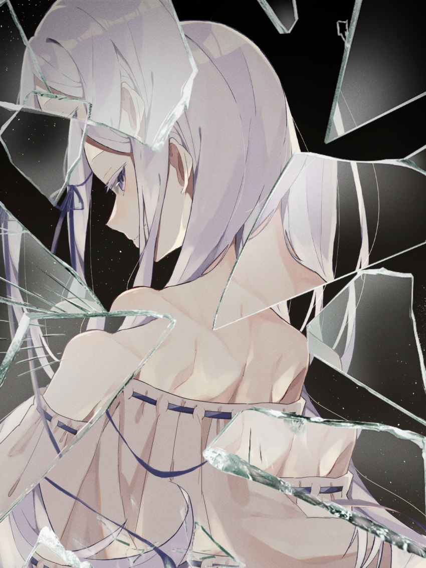 1girl app_filter back bare_shoulders bbbanira090 black_background blue_eyes blue_ribbon broken_glass colored_eyelashes commentary_request dress glass grey_hair hair_ribbon highres long_hair looking_at_viewer naked_poncho off_shoulder pandora_(re:zero) re:zero_kara_hajimeru_isekai_seikatsu ribbon ribbon-trimmed_clothes ribbon-trimmed_dress ribbon-trimmed_shirt ribbon_trim shattered simple_background smile solo white_dress white_hair