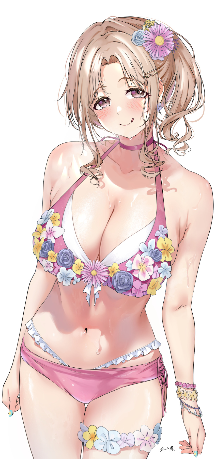 absurdres alternate_costume bikini blush bracelet breasts choker cleavage flower_ornament flower_thigh_strap highres ichikawa_hinana idolmaster idolmaster_shiny_colors jewelry large_breasts light_brown_hair looking_at_viewer navel parted_bangs pink_bikini pink_choker side_ponytail smile stomach sweat swimsuit tongue tongue_out tonguewasabi wavy_hair