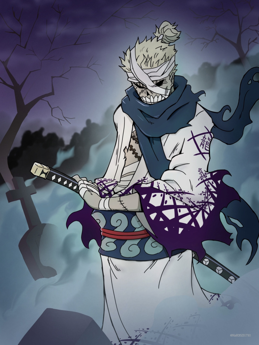 1boy artist_name aruke_(gter7727) bandage_on_face bandaged_arm bandages blue_scarf commentary_request grey_hair highres japanese_clothes katana male_focus one_piece outdoors ryuuma samurai scar scar_on_face scarf short_hair skeleton solo stitches sword tombstone topknot torn_clothes traditional_clothes weapon zombie