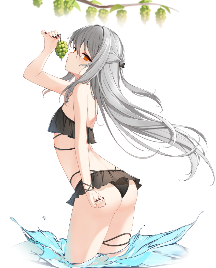 1girl arched_back arm_up ass bare_shoulders bikini black_bikini black_nails closers food frilled_bikini frills from_behind fruit grapes grey_hair half_updo highres holding long_hair looking_at_viewer looking_back multi-strapped_bikini nail_polish official_art orange_eyes parted_lips solo string_bikini swimsuit thighs tina_(closers) very_long_hair wading water