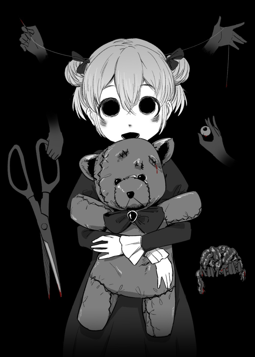 1girl 4shi :d ascot bags_under_eyes black_background black_bow black_dress black_eyes black_theme blank_eyes blood bow brain brooch cowboy_shot dango-chan_(4shi) dark disembodied_eye disembodied_limb dot_nose double_bun dress empty_eyes facing_viewer frilled_sleeves frills grey_hair greyscale guro hair_between_eyes hair_bun highres holding hollow_eyes hollow_mouth horror_(theme) hug injury jewelry juliet_sleeves long_sleeves looking_at_viewer monochrome multiple_hands open_mouth organs original pale_skin puffy_sleeves raised_eyebrows scissors short_hair smile solid_circle_pupils spot_color standing stitched_arm stitched_face stitched_leg stitches stitching straight-on stuffed_animal stuffed_toy teddy_bear triangle_mouth upturned_eyes