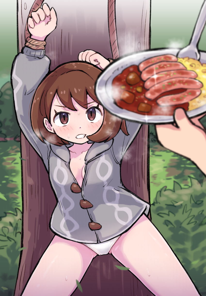 1girl 1other against_tree arms_up bdsm blush bondage bound breasts brown_eyes brown_hair buttons cardigan clenched_teeth commentary_request curry day eyelashes falling_leaves food gloria_(pokemon) grey_cardigan highres kutabireta_neko leaf legs_apart medium_hair outdoors panties pokemon pokemon_(game) pokemon_swsh rice rope sausage sparkle steam teeth tree underwear white_panties