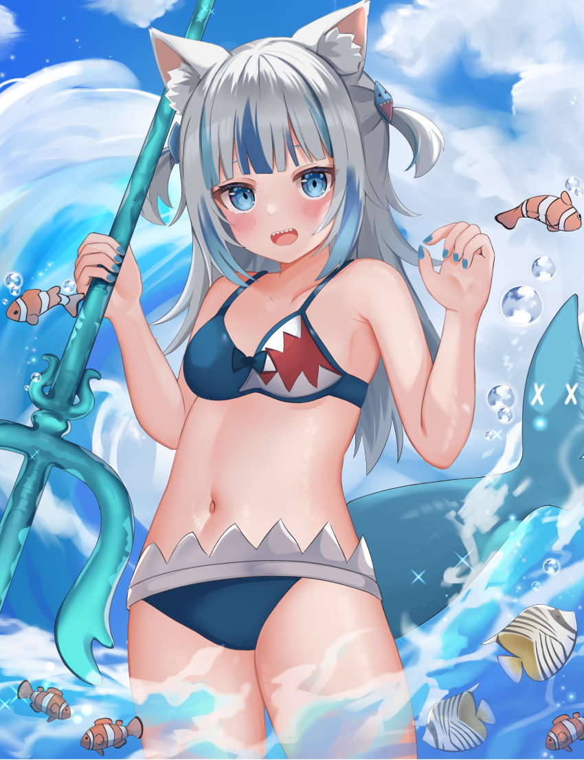 1girl absurdres adapted_costume animal_ear_fluff animal_ears bikini blue_bikini blue_eyes blue_hair blue_nails blue_sky blunt_bangs blush breasts cat_ears cloud clownfish fish gawr_gura grey_hair highres holding_trident hololive hololive_english looking_at_viewer medium_hair multicolored_hair nail_polish navel nekopurin_(nyanko_prin) open_mouth shark_print sharp_teeth sidelocks sky small_breasts smile streaked_hair swimsuit teeth virtual_youtuber wading water