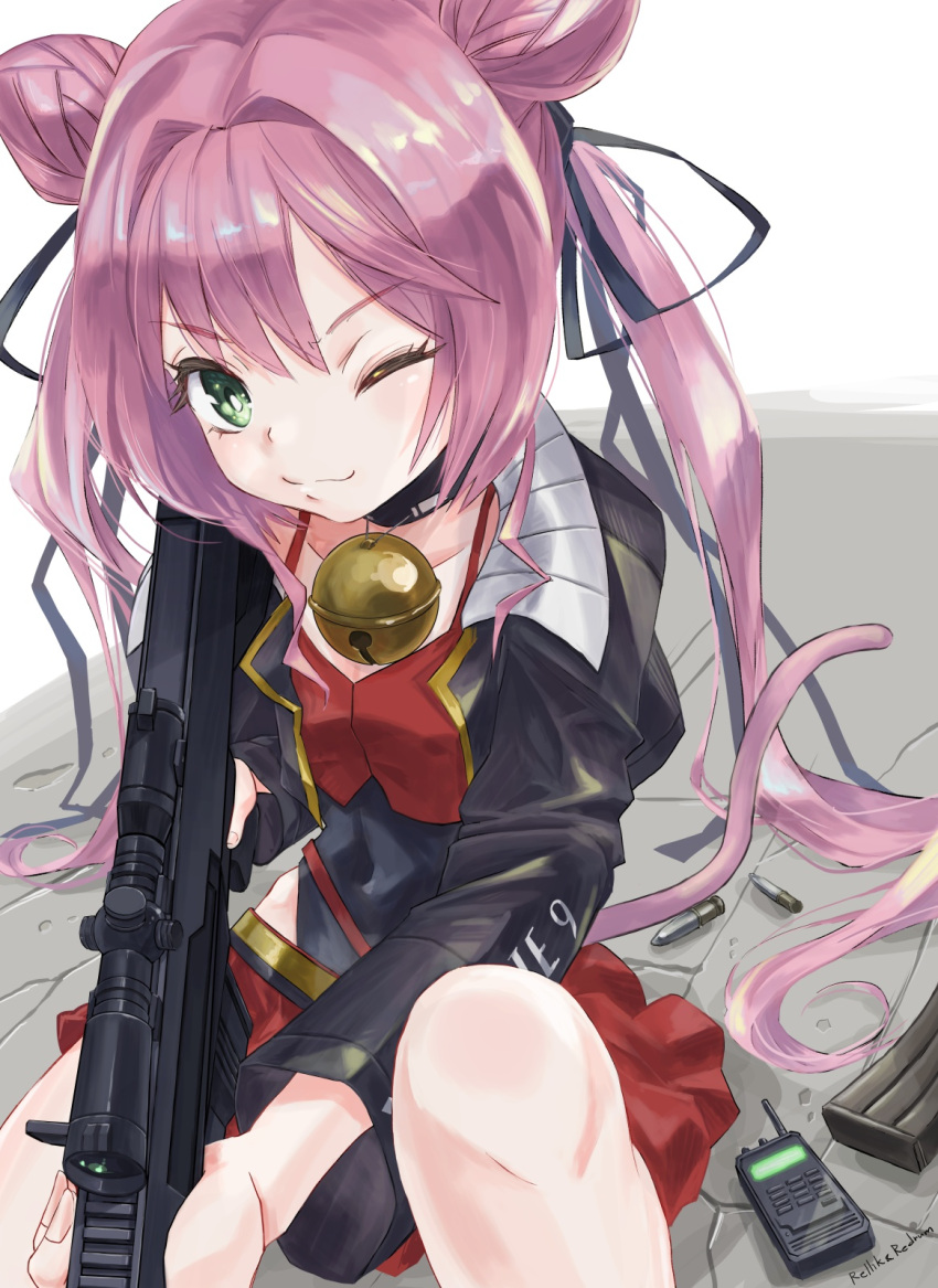1girl bell black_choker black_leotard bullet camisole choker covered_navel crop_top double_bun green_eyes gun hair_bun hair_intakes highres holding holding_gun holding_weapon jun_(rellik_&amp;_redrum) leotard long_hair looking_at_viewer magazine_(weapon) muvluv muvluv:_dimensions muvluv_alternative neck_bell one_eye_closed red_camisole red_skirt rifle scope sitting skirt smile smug sniper_rifle solo tamase_miki twintails very_long_hair walkie-talkie weapon