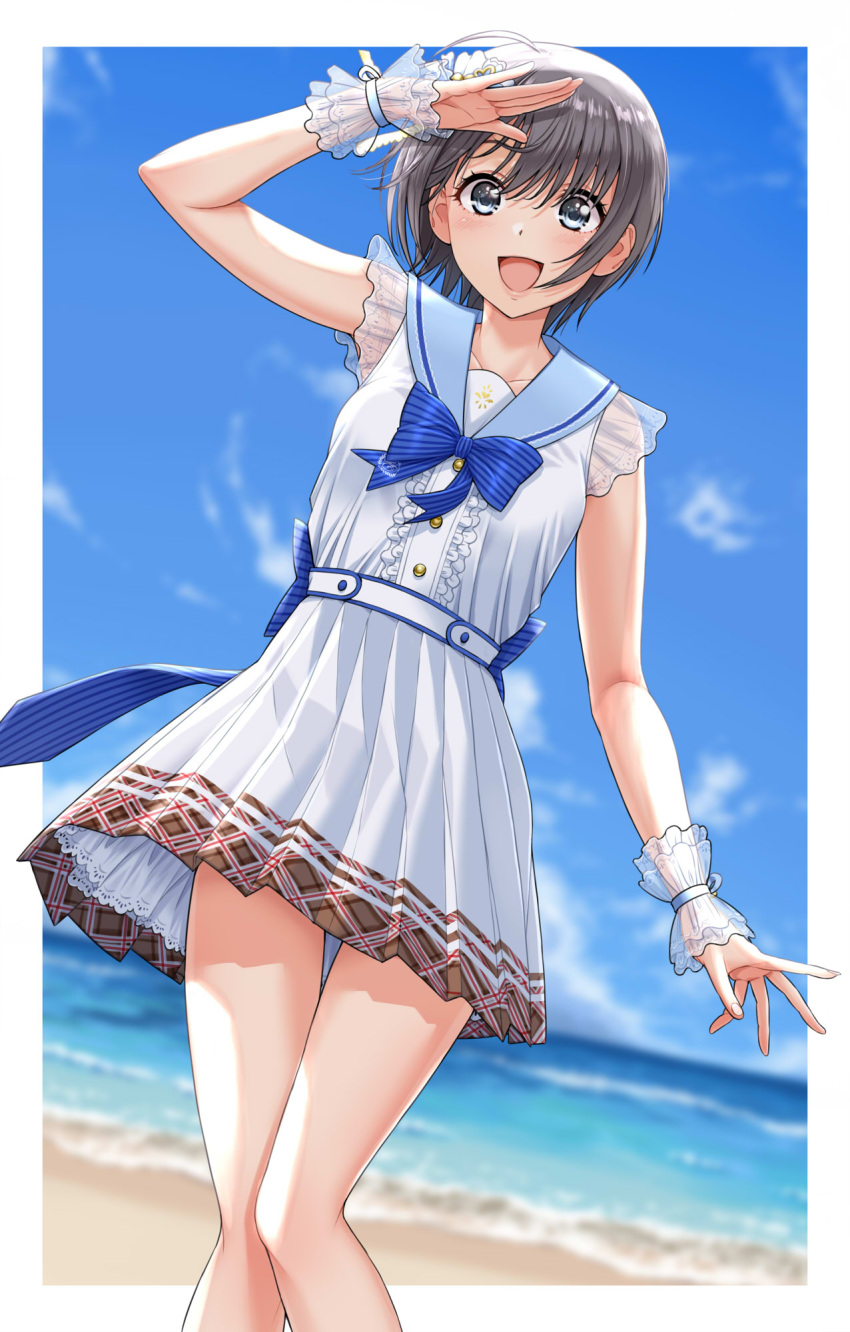 1girl :d arm_up beach black_eyes black_hair blue_armband blue_bow blue_bowtie blue_sailor_collar blue_sky blurry blurry_background blush bow bowtie breasts cloud collarbone day dot_nose dress dress_bow frilled_dress frills grey_eyes grey_hair highres horizon idolmaster idolmaster_cinderella_girls idolmaster_cinderella_girls_starlight_stage looking_at_viewer nigou ocean open_mouth otokura_yuuki outdoors pigeon-toed pleated_skirt sailor_collar salute see-through see-through_sleeves short_hair short_sleeves skirt sky small_breasts smile solo standing striped striped_bow striped_bowtie white_dress