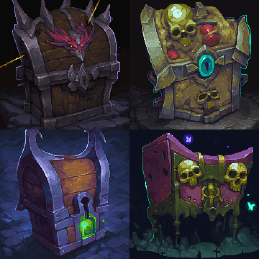animated animated_gif blinking blue_butterfly bug butterfly gem glowing glowing_eyes green_eyes keyhole mimic mimic_chest original pixel_art pixeldoshi skull trapped treasure_chest