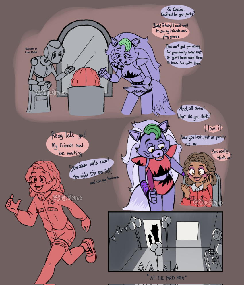 animatronic anthro balloon cassie_(fnaf) clothed clothing comic dialogue ear_piercing english_text female five_nights_at_freddy's five_nights_at_freddy's:_security_breach group hi_res human inflatable looking_at_another machine makeup mammal mirror open_mouth open_smile piercing robot roxanne_wolf_(fnaf) running scottgames shyestmind smile steel_wool_studios text trio