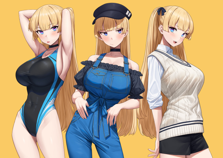 1girl armpits arms_behind_head arms_up bare_shoulders black_headwear black_one-piece_swimsuit black_shirt black_shorts blonde_hair blue_eyes blue_one-piece_swimsuit blue_overalls blush breasts choker cleavage closed_mouth collarbone collared_shirt competition_swimsuit covered_navel cowboy_shot dress_shirt hat highleg highleg_swimsuit highres large_breasts lina_(michihasu) long_hair long_sleeves looking_at_viewer michihasu multicolored_clothes multicolored_swimsuit multiple_views off_shoulder one-piece_swimsuit open_mouth original overalls puffy_short_sleeves puffy_sleeves shirt short_sleeves shorts simple_background smile standing sweater sweater_vest swimsuit thighs very_long_hair white_shirt white_sweater yellow_background