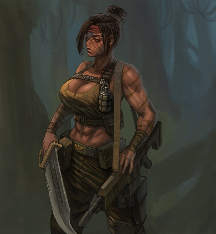 1girl abs ammunition_pouch astra_militarum bandana belt breasts camouflage catachan_jungle_fighter cleavage dark_skin explosive eyepatch grenade gun headband highres jungle knife lasgun looking_to_the_side muscular muscular_female nature pouch scar scar_on_face scar_on_mouth skull solo tank_top toned warhammer_40k weapon wlfltksanfgksk