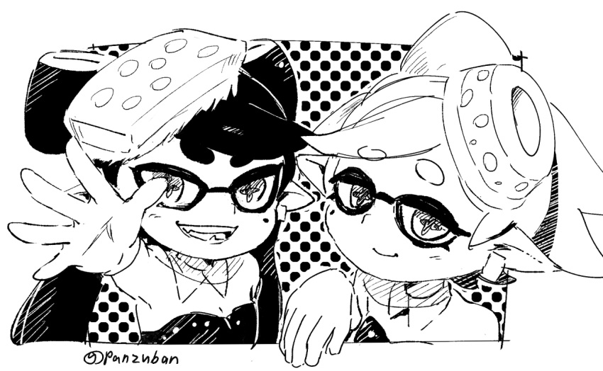 black_hair black_suit callie_(splatoon) fangs marie_(splatoon) monochrome nintendo open_mouth panzuban pointy_ears splatoon_(series) squid squid_girl suit tentacle_hair white_hair