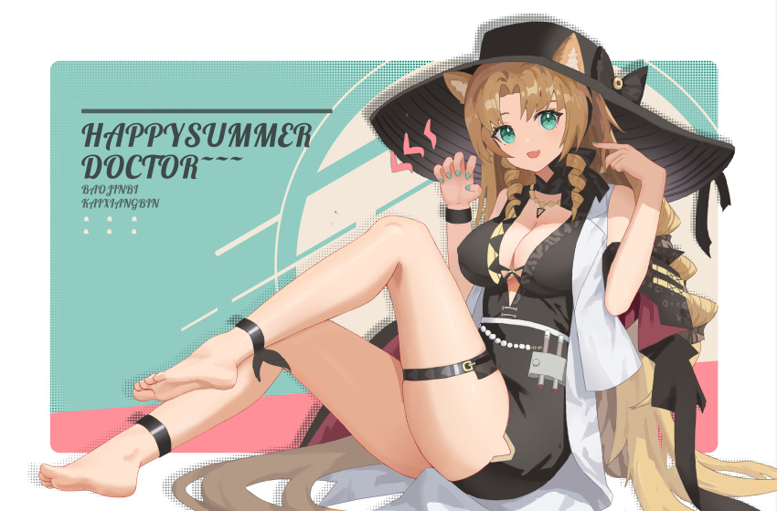 1girl :d absurdres animal_ears arknights barefoot black_dress black_headwear breasts center_opening claw_pose cleavage dress drill_hair drill_sidelocks ears_through_headwear fang green_eyes hands_up hat highres knee_up large_breasts light_brown_hair long_hair looking_at_viewer official_alternate_costume open_mouth sidelocks simple_background sitting skin_fang smile solo swire_(arknights) swire_the_elegant_wit_(arknights) thigh_strap tiger_ears tiger_girl very_long_hair xiandai_quanru
