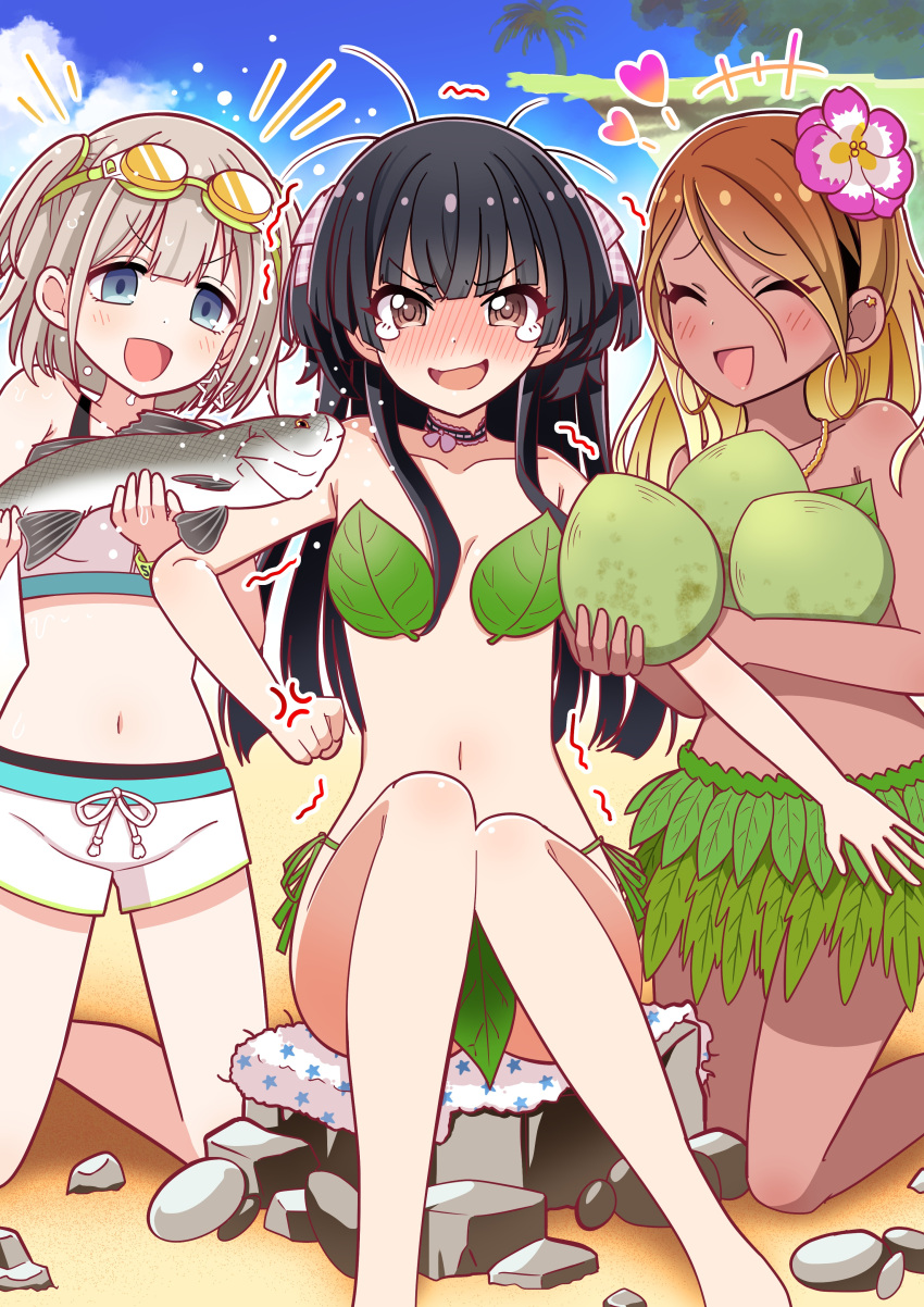 3girls absurdres anger_vein animal bare_shoulders bikini black_choker black_hair blonde_hair blue_eyes blue_sky blunt_bangs blush bow breasts brown_eyes choker cleavage cloud collarbone dark-skinned_female dark_skin dot_nose ear_piercing earrings embarrassed fish flower food fruit goggles goggles_on_head gradient_hair green_bow grey_hair gyaru hair_bow hair_flower hair_ornament hands_up heart highres holding holding_animal holding_fish holding_food holding_fruit hoop_earrings idolmaster idolmaster_shiny_colors izumi_mei jewelry kneeling knees_together_feet_apart large_breasts leaf_bikini long_hair looking_at_viewer mayuzumi_fuyuko medium_breasts midriff motion_lines multicolored_hair multiple_girls navel necklace open_mouth palm_tree papaya piercing pisudori print_towel rock serizawa_asahi short_hair sitting sitting_on_rock sky smile solo star_(symbol) star_piercing star_print straylight_(idolmaster) swimsuit tan teardrop towel tree two_side_up v-shaped_eyebrows white_bikini white_towel