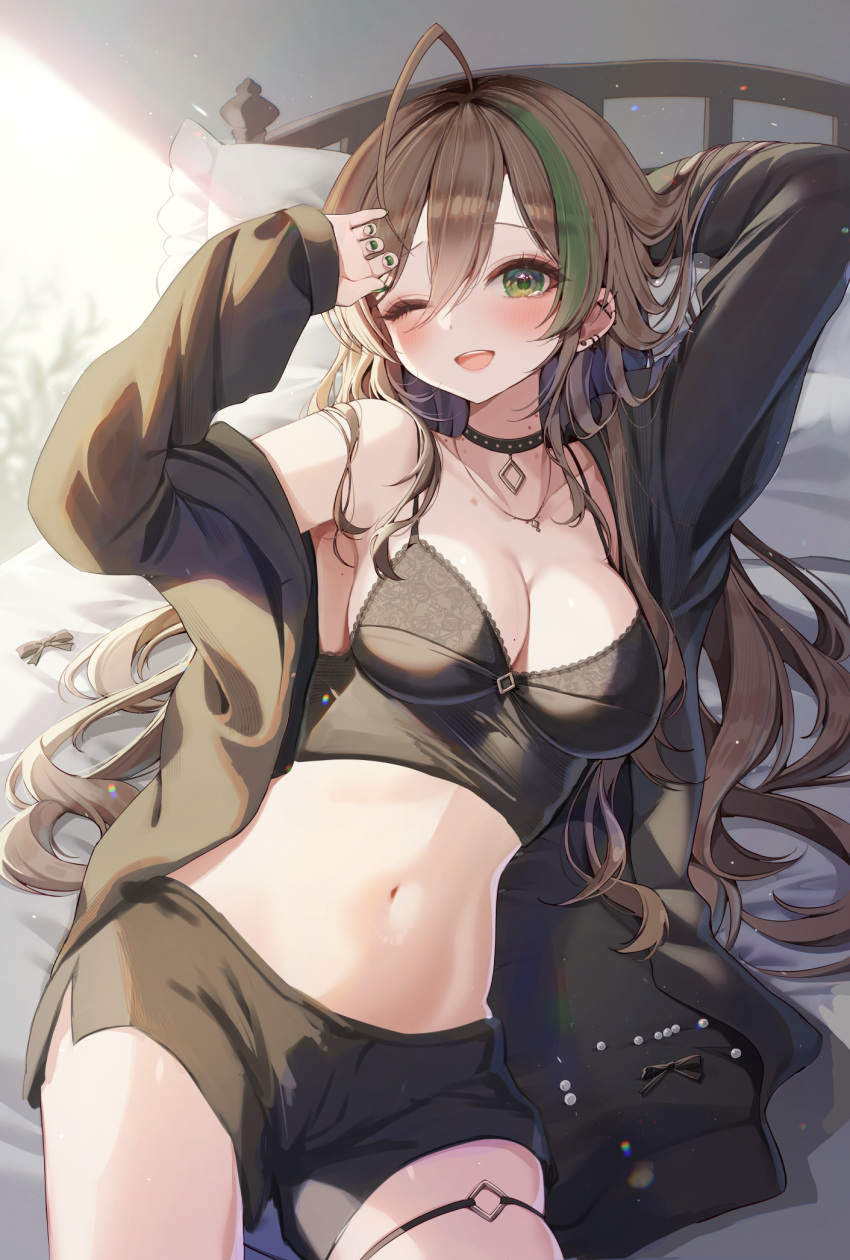 1girl ;d ahoge arm_behind_head arm_up armpits bare_shoulders black_choker black_jacket black_shirt black_shorts breasts brown_hair camisole choker cleavage cowboy_shot crop_top ear_piercing green_eyes green_nails hand_up hibiki_(kudou) highres jacket jewelry kudou_(sikisiki0000) lace_trim large_breasts long_hair long_sleeves looking_at_viewer lying midriff mole mole_on_breast multicolored_hair nail_polish navel necklace off_shoulder on_back one_eye_closed open_clothes open_jacket open_mouth original piercing pillow shirt short_shorts shorts skindentation sleeveless sleeveless_shirt smile solo spaghetti_strap stomach streaked_hair thigh_strap thighs