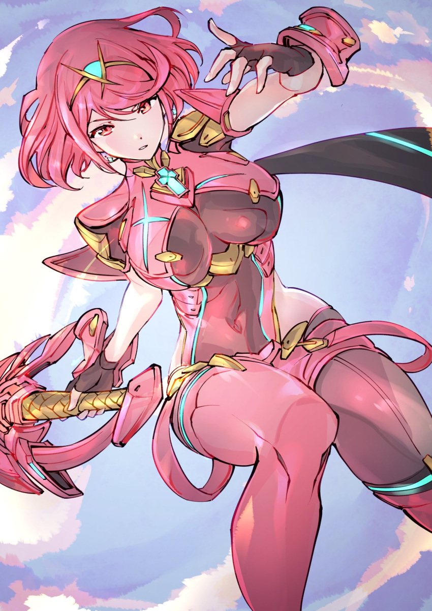 1girl aegis_sword_(xenoblade) breasts chest_jewel covered_navel dutch_angle fingerless_gloves gloves highres large_breasts micro_shorts outside_border pantyhose pyra_(xenoblade) red_eyes red_hair red_shorts short_hair shorts sky solo super_smash_bros. suspenders swept_bangs thighhighs thighhighs_over_pantyhose tiara ug333333 xenoblade_chronicles_(series) xenoblade_chronicles_2