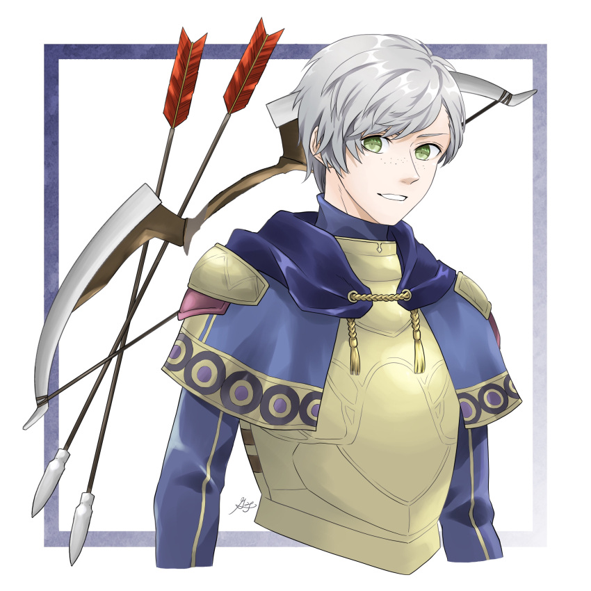 1boy armor arrow_(projectile) ashe_ubert blue_border border bow_(weapon) capelet commentary_request fire_emblem fire_emblem:_three_houses fire_emblem_warriors:_three_hopes green_eyes highres midori_no_baku multicolored_capelet short_hair signature smile teeth upper_body weapon white_background white_hair