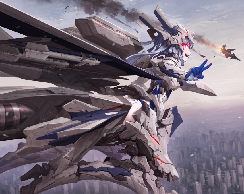 1girl :d ace_combat aircraft airplane android armor blue_hair cityscape commentary_request fighter_jet flying glowing glowing_eyes headgear highres jet looking_at_viewer mecha_musume mechanical_hair medium_hair military military_vehicle missile personification red_eyes smile smoke tom-neko_(zamudo_akiyuki) v