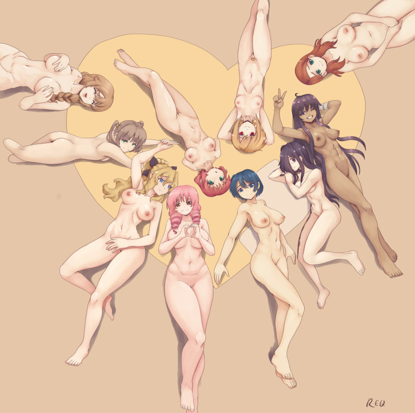 6+girls abs ahoge amputee armpits arms_behind_head artist_name ass bad_id bad_pixiv_id black_bow black_hair blonde_hair blue_eyes blue_hair bow braid breasts brown_eyes brown_hair completely_nude covering covering_breasts drill_hair food green_eyes hair_between_eyes hair_over_one_eye hakamichi_shizune heart heart_hands highres ibarazaki_emi ibarazaki_meiko ikezawa_hanako katawa_shoujo large_breasts long_hair long_legs looking_at_viewer lying medium_breasts mikado_shiina miura_miki mole mole_under_eye multiple_girls navel nipples nude on_back on_side on_stomach pink_hair purple_hair pussy red_eyes red_hair reqqles satou_akira satou_lilly shaved_ice shirakawa_yuuko short_hair small_breasts smile tezuka_rin thighs twintails v