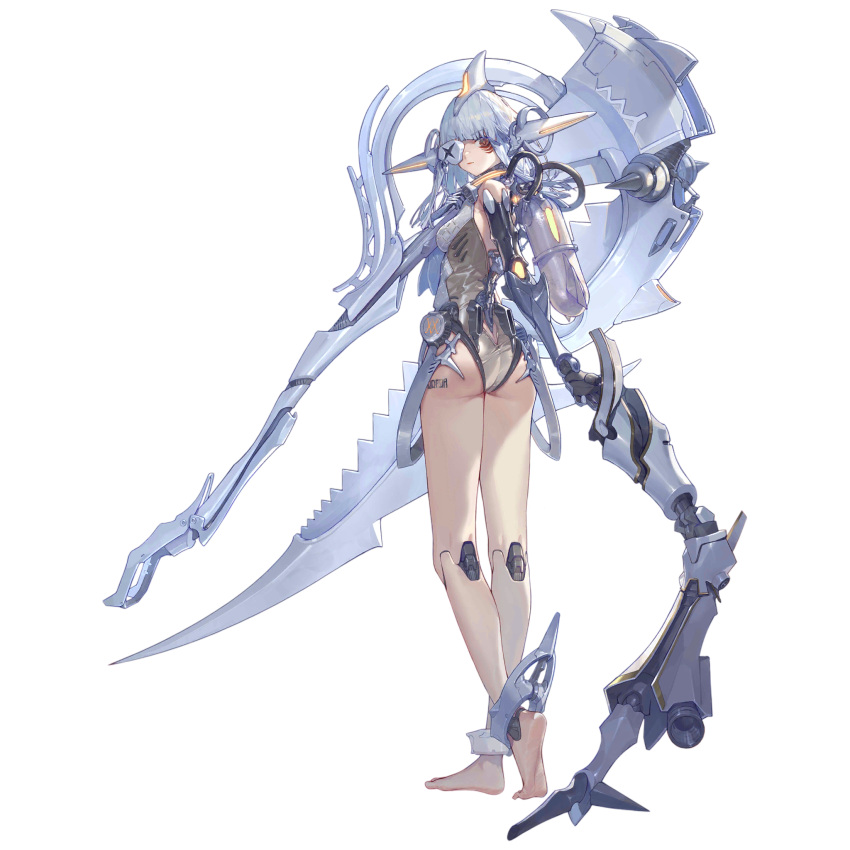 1girl alina_(girls'_frontline) alina_(mosasaur_rider)_(girls'_frontline) android artist_request ass barefoot breasts brown_eyes closed_mouth eyepatch facial_mark feet fins from_behind full_body girls'_frontline head_fins headgear heel_up highres holding holding_scythe holding_weapon joints long_hair looking_at_viewer looking_back mechanical_arms medium_breasts metal_eyepatch nyto_(girls'_frontline) official_alternate_costume official_art one-piece_swimsuit paradeus robot_joints scuba_tank scythe see-through_swimsuit simple_background solo standing swimsuit transparent_background weapon white_hair white_one-piece_swimsuit