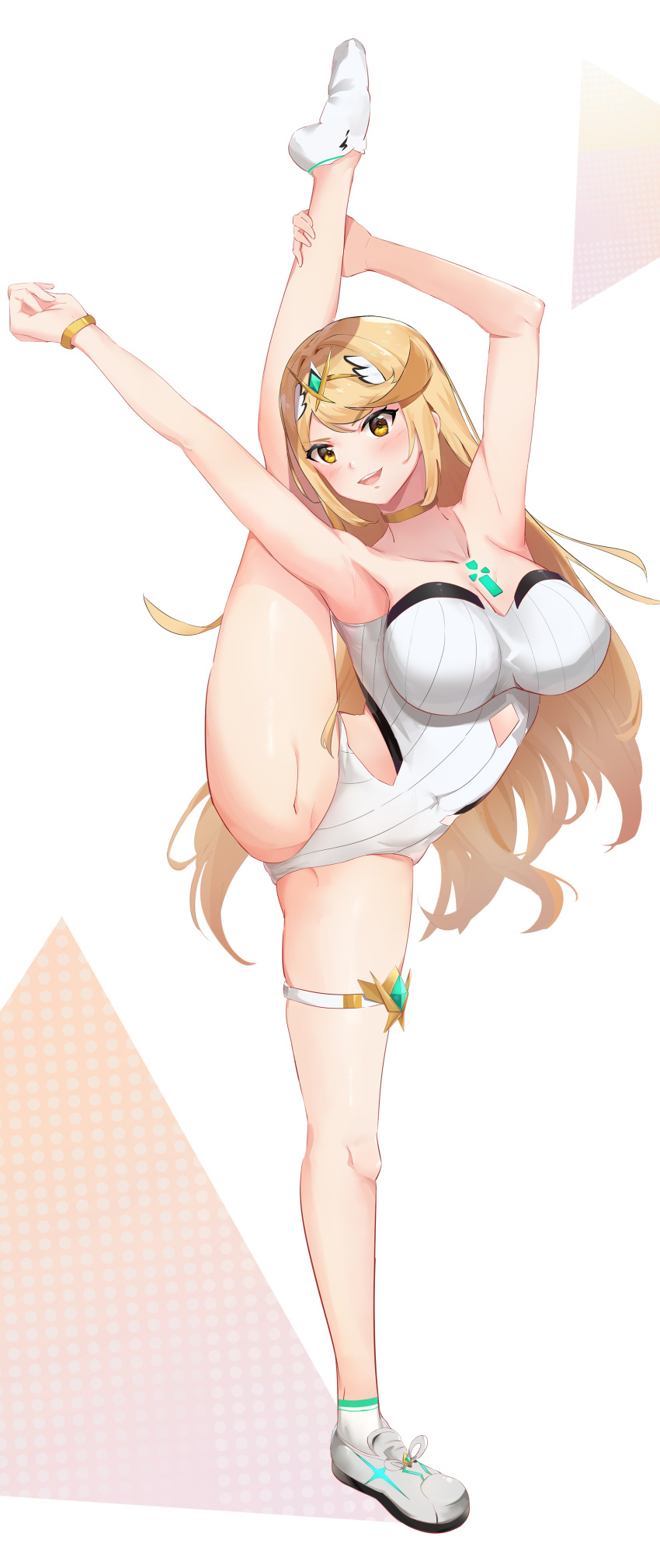 1girl :d absurdres bare_shoulders blonde_hair blush breasts chest_jewel cleavage commentary_request covered_navel earrings full_body gem headpiece highres jewelry kiiro_kimi large_breasts long_hair looking_at_viewer mythra_(radiant_beach)_(xenoblade) mythra_(xenoblade) one-piece_swimsuit open_mouth shoes simple_background single_shoe smile solo standing standing_on_one_leg strapless strapless_one-piece_swimsuit swept_bangs swimsuit thigh_strap tiara very_long_hair white_background white_one-piece_swimsuit xenoblade_chronicles_(series) xenoblade_chronicles_2 yellow_eyes