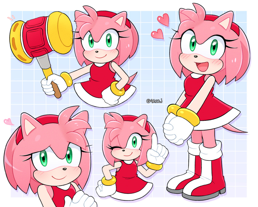 ;) amy_rose artist_name boots bracelet dress full_body gloves gold_bracelet green_eyes hairband hammer heart hedgehog hedgehog_ears hedgehog_girl hedgehog_tail highres hobi_(4622j) holding holding_hammer jewelry looking_at_viewer multiple_views one_eye_closed open_mouth piko_piko_hammer pink_fur red_dress red_footwear red_hairband simple_background smile solo sonic_(series) white_gloves