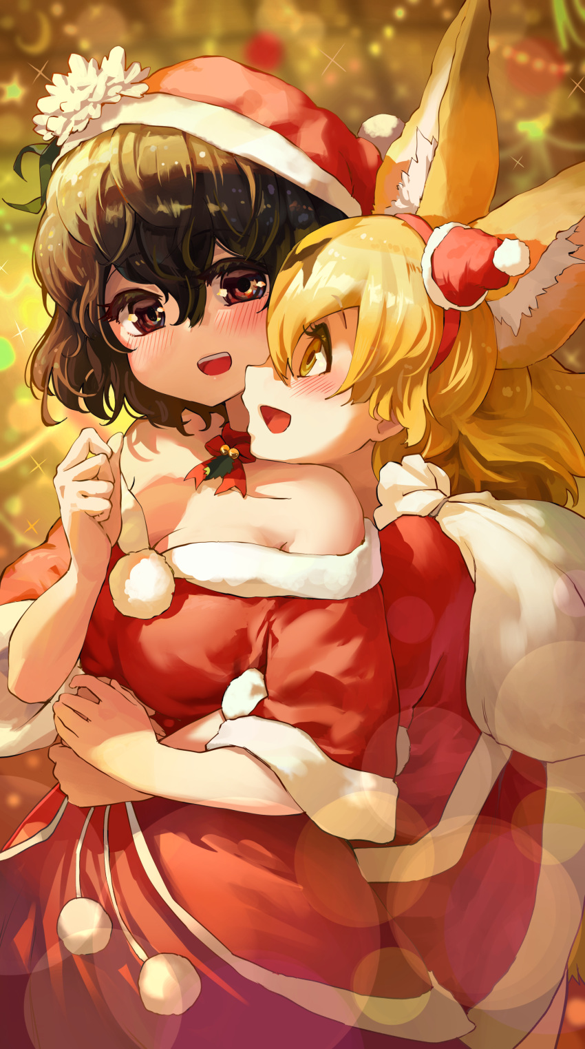 2girls :d absurdres alternate_costume animal_ears bare_shoulders black_hair blonde_hair blurry blurry_background blush breasts brown_eyes christmas cleavage commentary depth_of_field extra_ears fur_trim hair_between_eyes hairband happy hat head_on_another's_shoulder highres hug hug_from_behind jacket kaban_(kemono_friends) kemono_friends large_ears lens_flare medium_hair melaton mini_hat multiple_girls off_shoulder open_clothes open_jacket pom_pom_(clothes) red_hairband sack santa_costume santa_hat serval_(kemono_friends) sideways_mouth smile yellow_eyes