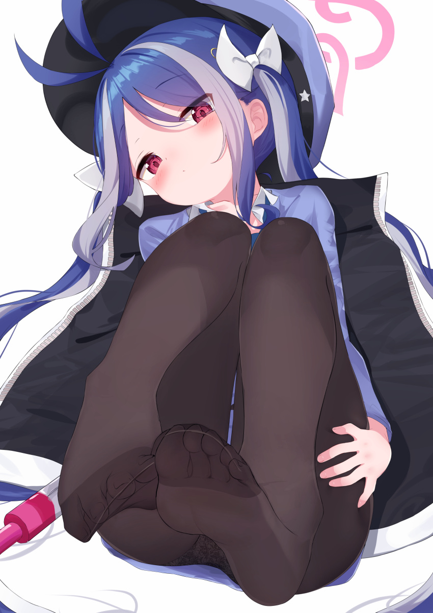 1girl absurdres antenna_hair bitseon black_panties black_pantyhose blue_archive blue_hair blue_shirt blush bow embroidered_panties feet foot_focus foreshortening fubuki_(blue_archive) grey_hair hair_bow halo hat head_tilt highres jacket knees_up long_hair looking_at_viewer multicolored_hair panties pantyhose peaked_cap red_eyes revision shirt sidelocks simple_background soles solo streaked_hair toes twintails two-sided_fabric two-sided_jacket underwear very_long_hair white_background