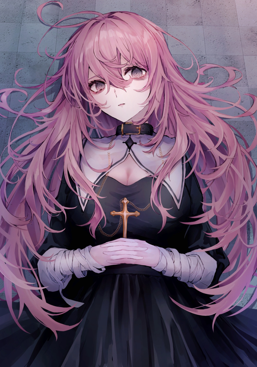 1girl @_@ absurdres bandaged_arm bandages black_collar black_dress breasts choker cleavage collar commission cross cross_necklace dress grey_eyes hair_between_eyes highres himawari_himuka interlocked_fingers jewelry long_hair messy_hair necklace nun original own_hands_together pink-haired_nun_(skeb) pink_hair skeb_commission solo