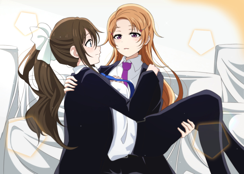 2girls black_pants black_suit blue_eyes blue_necktie blush breasts brown_hair carrying closed_mouth collared_shirt hair_ribbon hand_on_another's_back hand_on_another's_shoulder highres konoe_kanata long_hair looking_at_another love_live! love_live!_nijigasaki_high_school_idol_club medium_breasts multiple_girls necktie orange_hair ousaka_shizuku pants parted_bangs parted_lips ponytail princess_carry purple_eyes purple_necktie ribbon shirt suit upper_body white_ribbon white_shirt yumel_lot yuri