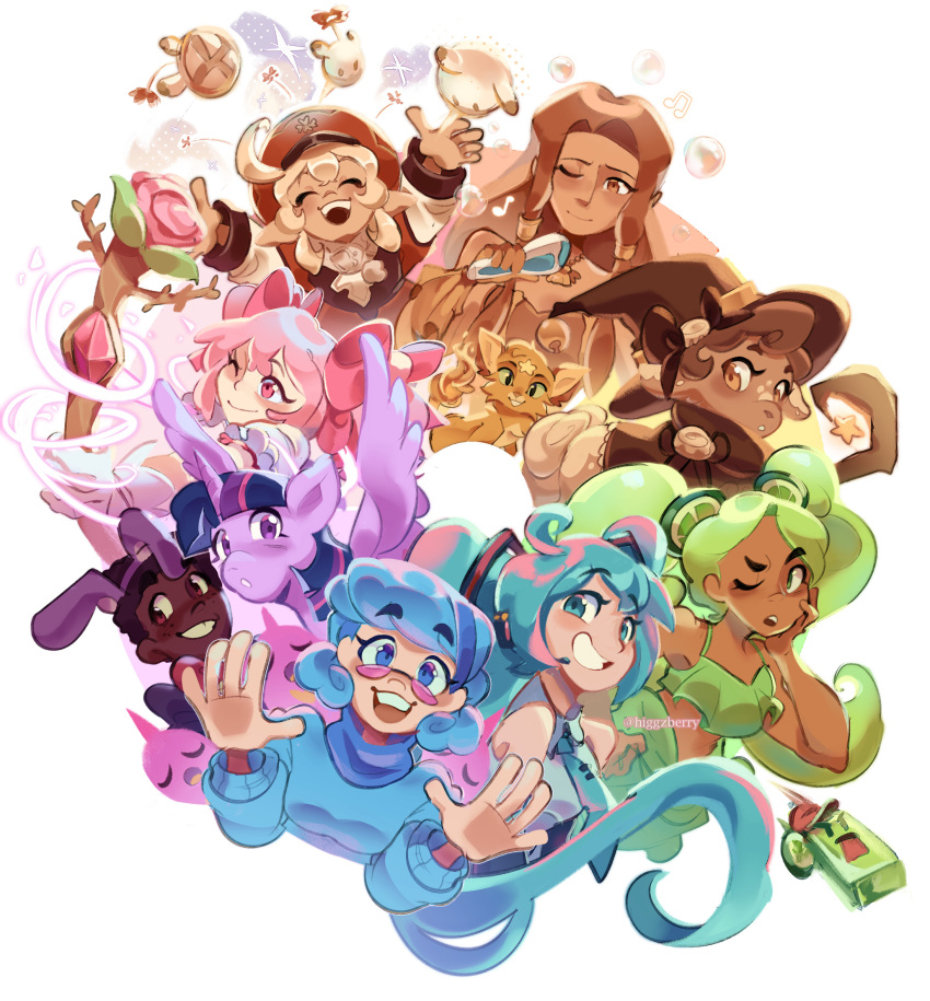 6+girls ahoge animal_ears arms_up artist_name black_hair blue_hair bow brown_eyes brown_hair character_request closed_eyes color_wheel_challenge cookie_run dark-skinned_female dark_skin english_commentary fake_animal_ears five_nights_at_freddy's genshin_impact glasses goatlings green_hair hair_bow hands_up hat hatsune_miku higgzberry highres kaname_madoka klee_(genshin_impact) mahou_shoujo_madoka_magica mermaid_melody_pichi_pichi_pitch multiple_drawing_challenge multiple_girls my_little_pony my_little_pony:_friendship_is_magic mystery_skulls one_eye_closed pink_bow pink_eyes pink_hair red_headwear smile staff tinted_eyewear twilight_sparkle twintails unicorn vocaloid warrior_cats wizard_hat yukino_vivi