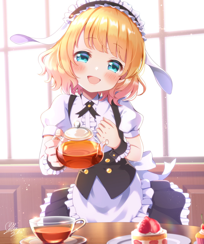 1girl animal_ears apron black_dress black_tea blonde_hair blue_eyes blush cake collared_shirt cup dress fake_animal_ears fleur_de_lapin_uniform floppy_ears food frilled_apron frilled_dress frills fruit gochuumon_wa_usagi_desu_ka? highres kirima_syaro looking_at_viewer mozukun43 open_mouth puffy_short_sleeves puffy_sleeves rabbit_ears shirt short_hair short_sleeves signature smile solo strawberry tea white_apron white_shirt