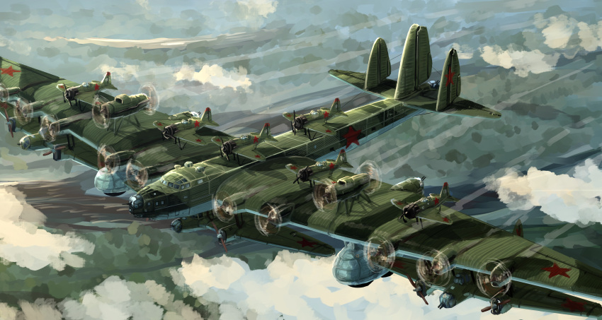 above_clouds absurdres aircraft airplane alternate_universe bomber camouflage cloud flying fusion highres i-16 military military_vehicle no_humans original pe-8 propeller red_star soviet soviet_army star_(symbol) turret vehicle_focus what world_war_ii