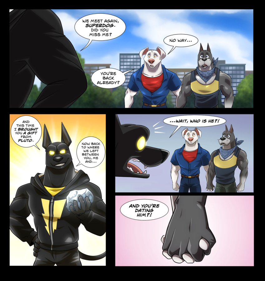 2022 ace_the_bat-hound anthro anubis_(dc_league_of_super-pets) black_body black_fur canid canine canis city city_background clothing comic dc_league_of_super-pets domestic_dog fur grey_body grey_fur group hand_holding hi_res jacket krypto krypto_the_superdog male mammal simple_background sky speech_bubble teeth text topwear trio white_body white_fur zurdomon