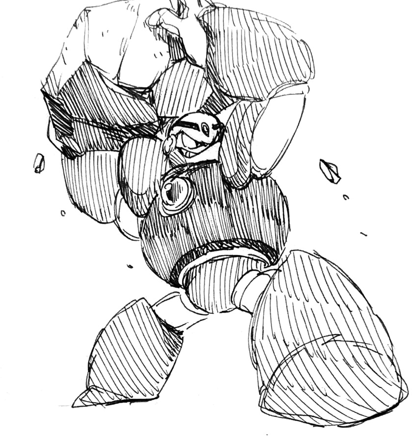 1boy boulder commentary full_body greyscale grin guts_man hardhat helmet highres holding_rock humanoid_robot male_focus mega_man_(classic) mega_man_(series) mega_man_1 monochrome robot simple_background sketch smile solo standing strong takenokonoko traditional_media v-shaped_eyes white_background