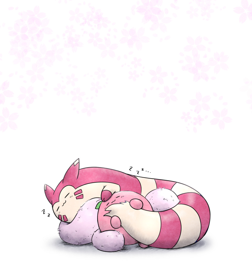 :3 alternate_color blush closed_eyes closed_mouth commentary_request furret highres jumpluff kashiwa_(3920kashiwa) no_humans pokemon pokemon_(creature) shiny_pokemon simple_background sleeping smile tail tail_hug white_background zzz