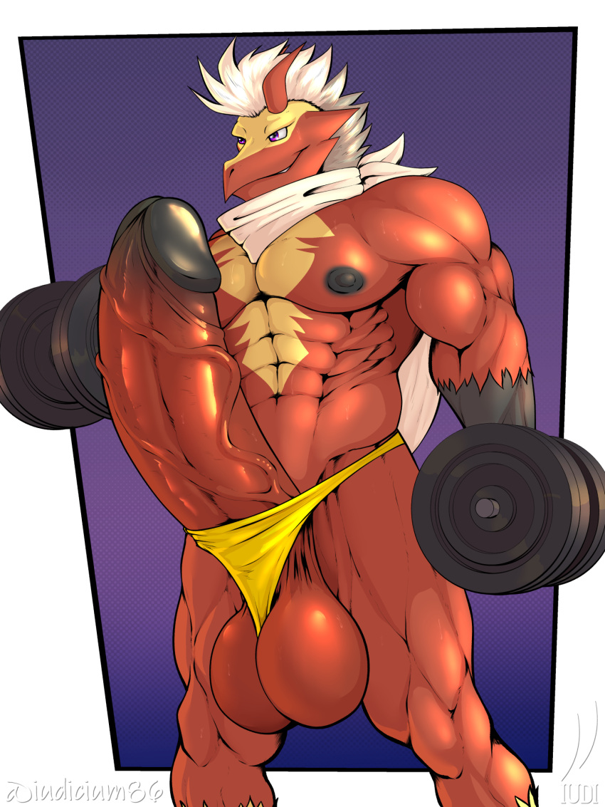 abs anthro balls blaziken clothing dumbbell foreskin generation_3_pokemon genitals hi_res hyper hyper_genitalia iudicium86 male muscular nintendo nipples penis pokemon pokemon_(species) retracted_foreskin scarf solo stretched_clothing thong underwear vein veiny_penis weights