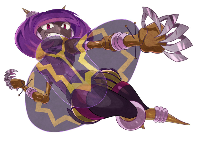 1girl black_cape bob_cut breasts cape claws commentary_request dark-skinned_female dark_skin dynatron_(mighty_no._9) electricity full_body grin hand_up highres horns joints light_bulb looking_at_viewer medium_breasts mighty_no._9 no_feet outstretched_hand purple_hair red_eyes robot robot_girl robot_joints see-through_body see-through_cape sharp_teeth short_hair simple_background smile solo takenokonoko teeth thighs two-tone_cape variant_set very_dark_skin white_background yellow_cape yellow_horns