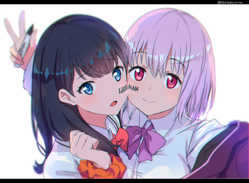 2girls black_hair blue_eyes bow bowtie breasts closed_mouth gridman_universe highres long_hair long_sleeves looking_at_viewer multiple_girls open_mouth scrunchie shiitake_urimo shinjou_akane shirt simple_background smile ssss.gridman takarada_rikka v white_background white_shirt wrist_scrunchie