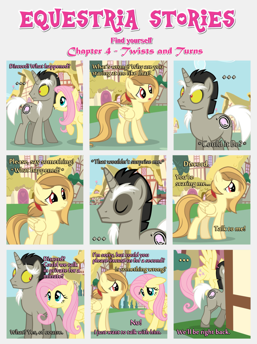 absurd_res alice_goldenfeather_(estories) black_border border building cutie_mark dialogue discord_(mlp) ears_down ears_up equid equine estories eyes_closed fake_cutie_mark female feral fluttershy_(mlp) flying folded_wings friendship_is_magic frown group hasbro hi_res horn male mammal my_little_pony nervous outside pegasus pivoted_ears plant ponyville shrub side_glance spread_wings trio uncertain unicorn wings