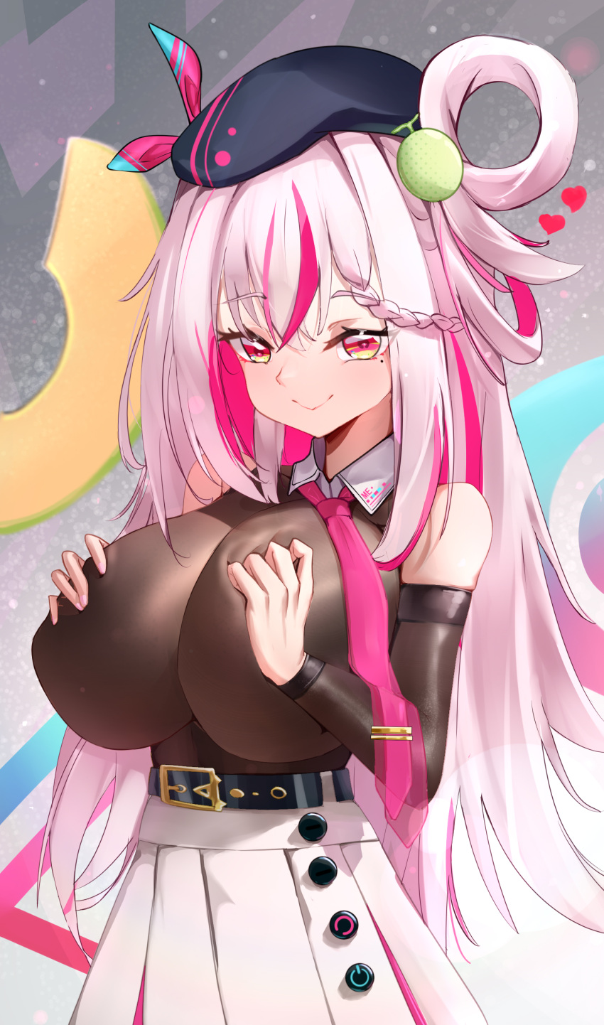 18301639225 1girl absurdres belt bodystocking breasts cleavage collar detached_sleeves food fruit gradient_eyes hair_ornament hand_on_breasts hat heart highres large_breasts long_hair melon mingyin_meion_(vtuber) mole mole_under_eye multicolored_eyes multicolored_hair necktie nose one_side_up original single_hair_ring skirt smile very_long_hair virtual_youtuber white_hair white_skirt