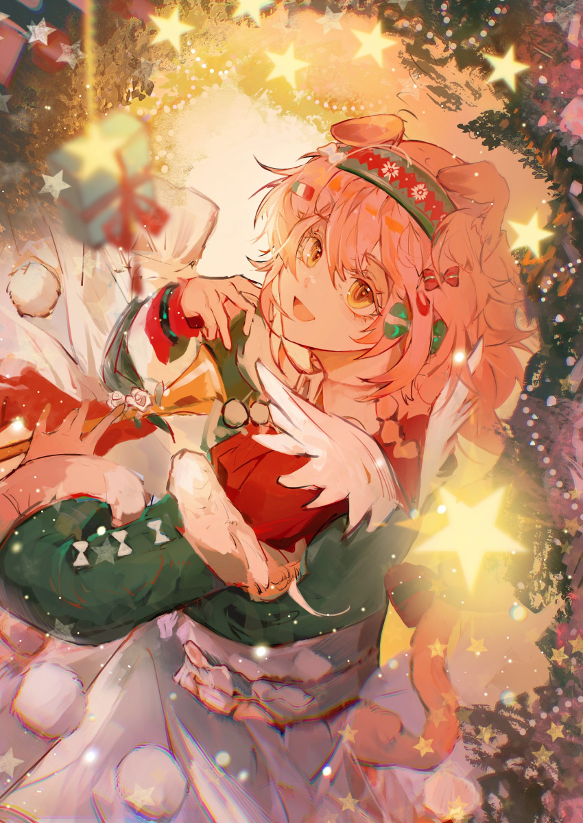 1girl :d absurdres animal_ears arknights cat_ears cat_girl cat_tail cowboy_shot fake_wings floppy_ears gift goldenglow_(arknights) goldenglow_(night_loving_servant)_(arknights) green_hairband green_sweater hairband highres instrument jinfeng0430 long_hair long_sleeves looking_at_viewer looking_up multicolored_sweater official_alternate_costume open_mouth orange_eyes pink_hair print_hairband red_hairband red_sweater skirt smile solo star_(symbol) sweater tail trumpet two-tone_hairband white_skirt wings