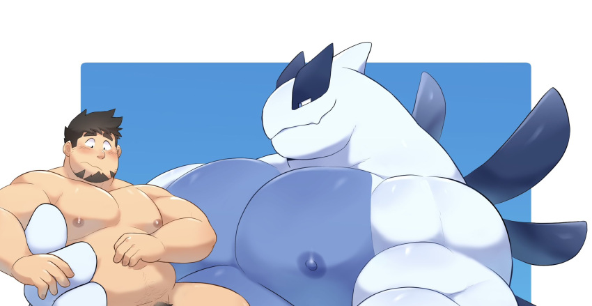 anthro anthrofied avian big_pecs blue_body blush brown_hair carrying carrying_another carrying_partner dragon duo generation_2_pokemon grin hair hi_res holding_partner human human_on_anthro interspecies larger_anthro larger_male legendary_pokemon lugia male male/male mammal multicolored_body musclegut muscular muscular_anthro muscular_human nintendo nipples nude o-ro pecs pokemon pokemon_(species) pokephilia pubes scalie size_difference smaller_human smaller_male smile white_body